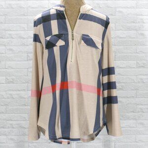 MOYABO Top Half Zip Striped Plaid Long Sleeve Neutral Blue Pink Red Medium
